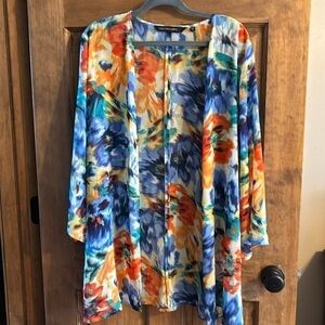 NWOT Colleen Lopez open front cover Blue & Orange floral sheer XL
